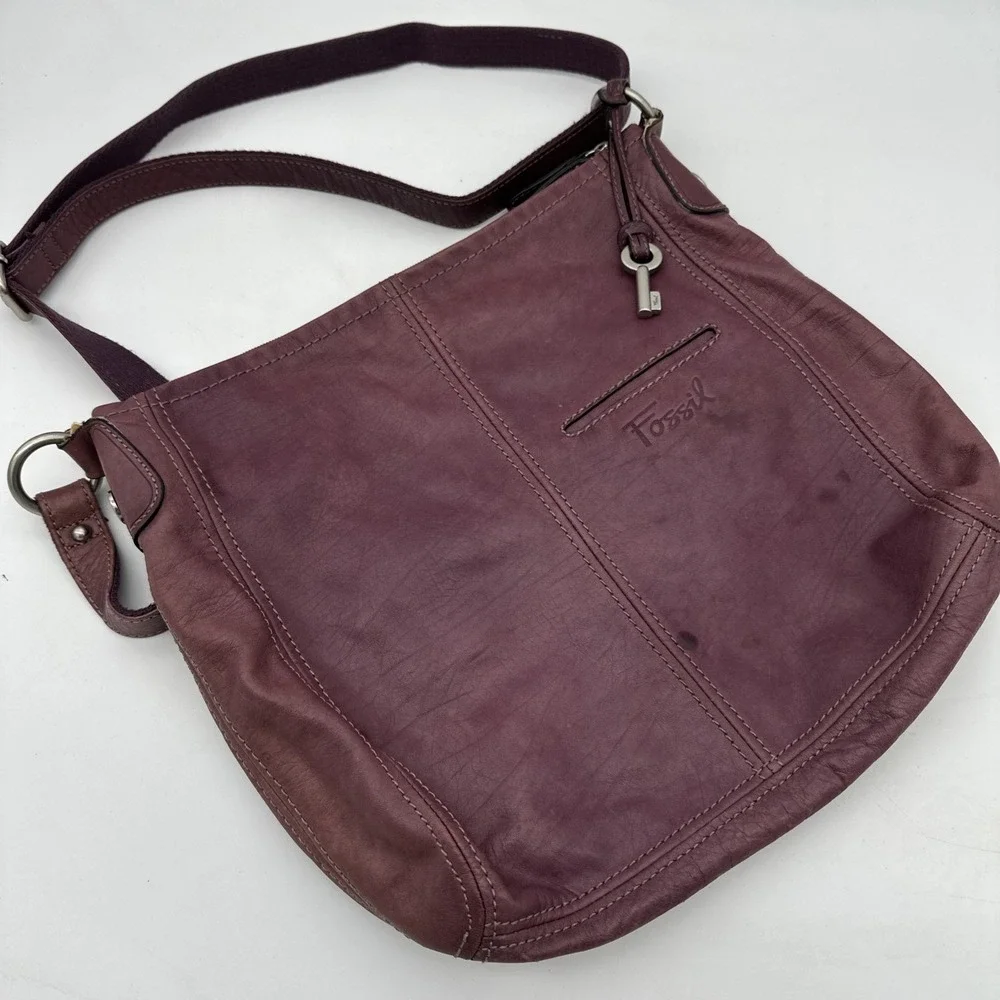 Fossil Crossbody Purple Leather Purse Hobo Boho Paisley-Lined Slouchy Bag VGT